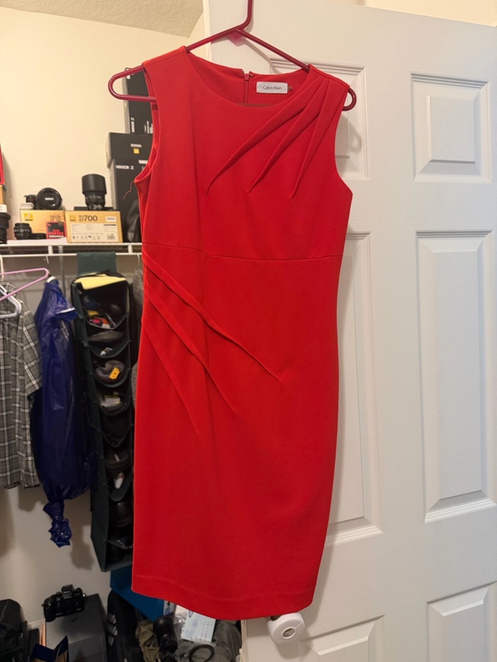 Calvin Klein Red Sleeveless Sheath Dress with Pleated Accents